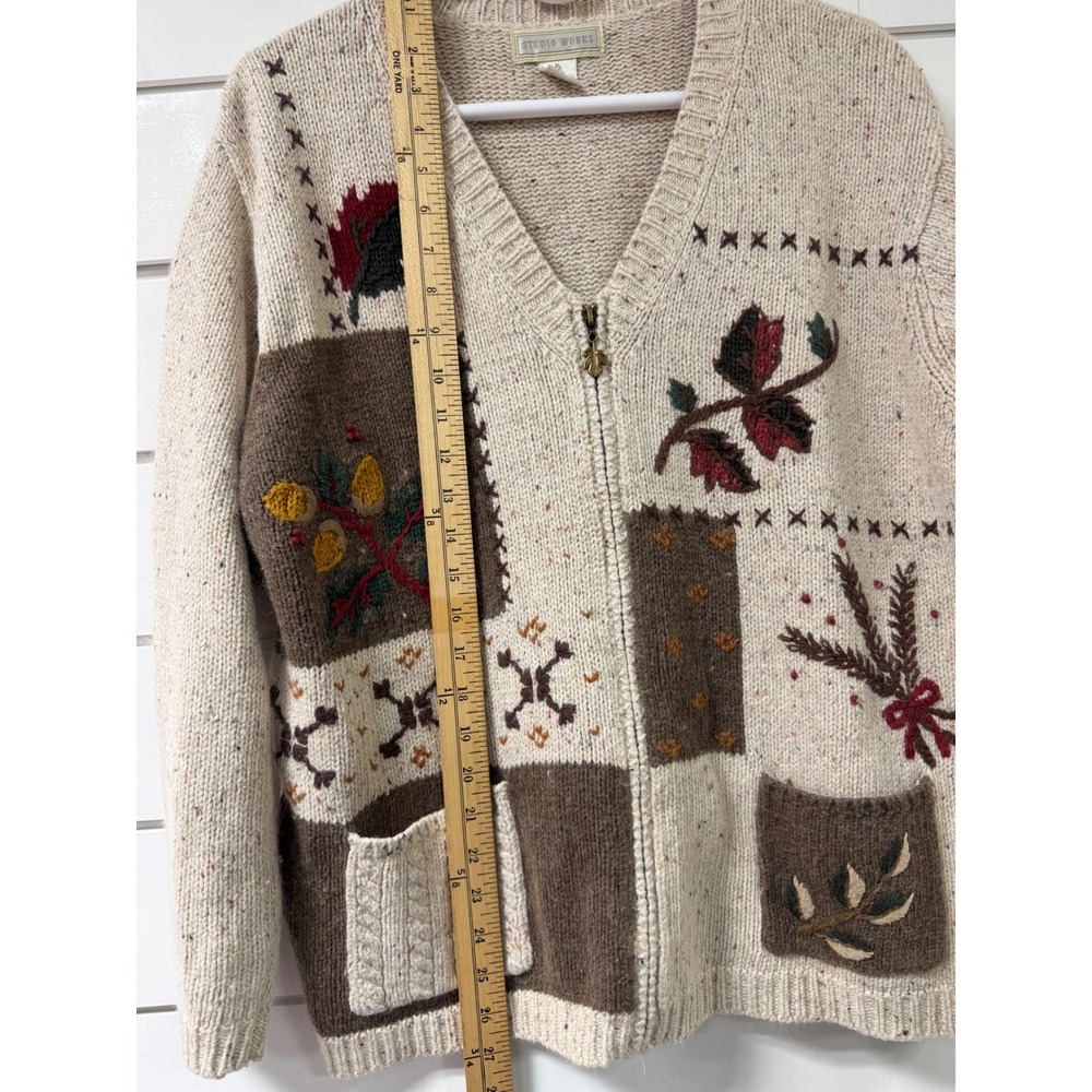 Studio Works Vintage Oatmeal Speckled Fall Patchwork Zip Cardigan Sweater XL - Picture 2 of 9